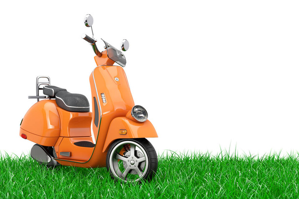 Scooter retro o eléctrico Vintage clásico naranja en hierba verde
. - Foto, imagen