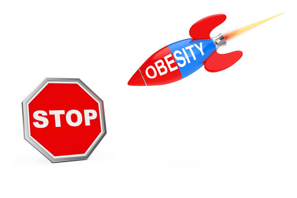 Zatrzymaj koncepcję otyłości. Stop Sign Shield z otyłością Podpisz rakietę. - Zdjęcie, obraz