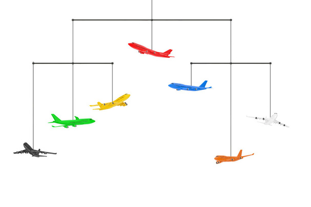 Σύνολο από πολύχρωμα αεριωθούμενα αεροπλάνα επιβατών αεροπλάνων κρέμασμα. 3D Rende - Φωτογραφία, εικόνα