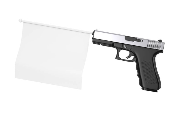 Fehér Blank Flag A Design Comming Out Modern Gun. 3d - Fotó, kép