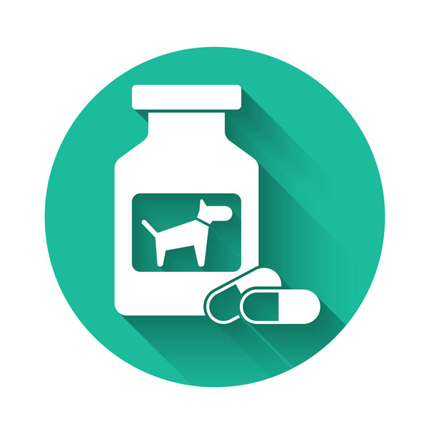 White Dog bottiglia medicina e pillole icona isolata con lunga ombra. Contenitore con pillole. Medicina prescritta per animali. Pulsante cerchio verde. Illustrazione vettoriale
 - Vettoriali, immagini