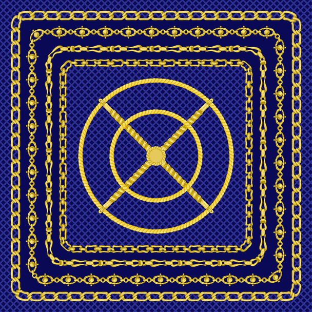Modèle de bordure avec croquis rétro à la main chaîne dorée sur fond bleu foncé. Écharpe ou bandana pour dessin en bandana
. - Vecteur, image