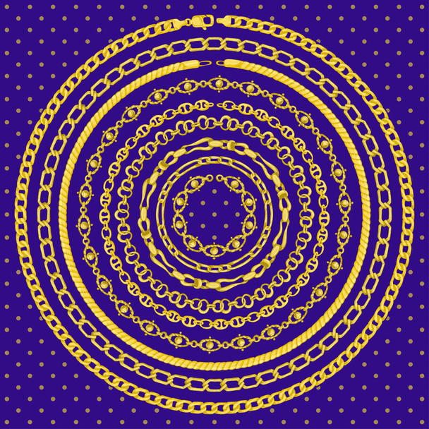 Grens patroon met retro hand getekende schets gouden ketting op donker blauwe achtergrond. Tranding tekening afdrukken voor sjaal of bandana. - Vector, afbeelding