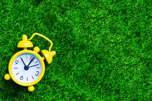 Žluté budík na trávě. Koncepce času - Fotografie, Obrázek