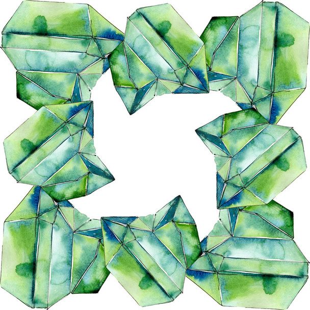 Colorful diamond rock jewelry minerals. Watercolor background illustration set. Frame border ornament square. - Фото, зображення