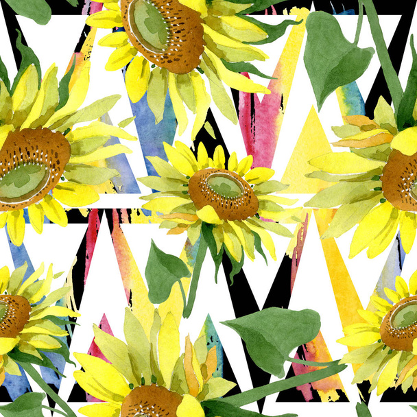 Sunflower floral botanical flowers. Watercolor background illustration set. Seamless background pattern. - Photo, Image