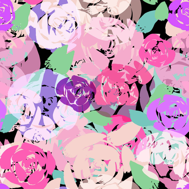 Abstract multi-colored hand painted roses on dark background with transparent layering effect. Seamless vector pattern. - ベクター画像