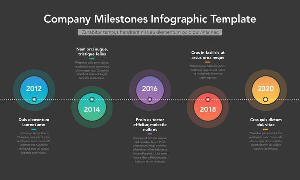 Modern infographic for company milestones timeline with colorful circles and place for your description - dark version. Easy to use for your website or presentation. - Vector, Image