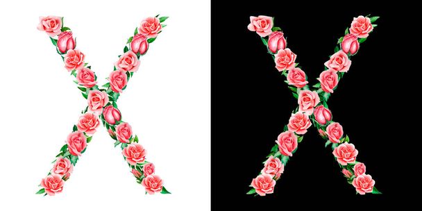 watercolor floral alphabet of roses, Monogram, title letter X isolated on black and white background. - Photo, Image