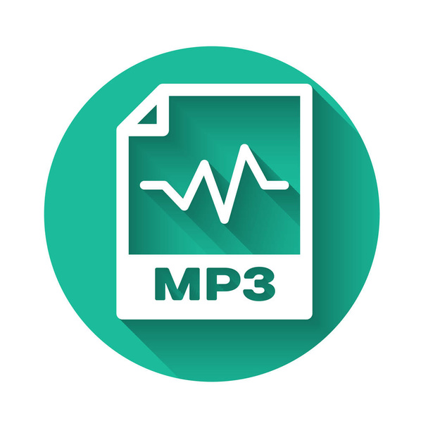 Fehér Mp3 fájl dokumentum ikon. Letöltés mp3 gomb ikon elszigetelt hosszú árnyék. Mp3 zenei formátum jel. Mp3 fájl szimbólum. Zöld kör gomb. Vektorillusztráció - Vektor, kép