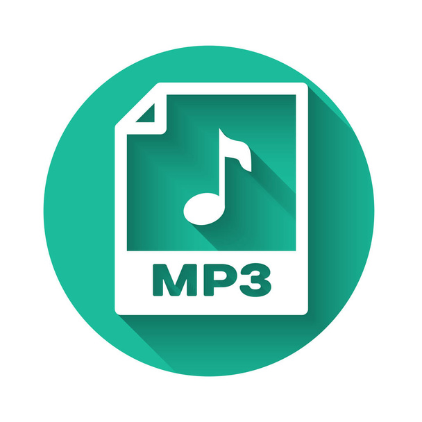 Bílá ikona dokumentu Mp3. Stáhnout mp3 tlačítko ikonu izolované s dlouhým stínem. Mp3 music format sign. Symbol souboru Mp3. Zelený knoflík. Vektorová ilustrace - Vektor, obrázek