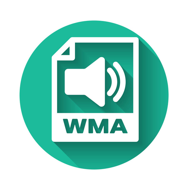 Λευκό εικονίδιο εγγράφου WMA. Κατεβάστε το εικονίδιο wma κουμπί απομονώνονται με μεγάλη σκιά. Σύμβολο αρχείου WMA. Πινακίδα μουσικής WMA. Πράσινο κουμπί κύκλου. Εικονογράφηση διανύσματος - Διάνυσμα, εικόνα