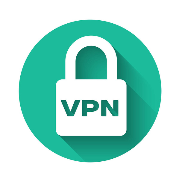 Icona VPN White Lock isolata con lunga ombra. Pulsante cerchio verde. Illustrazione vettoriale
 - Vettoriali, immagini