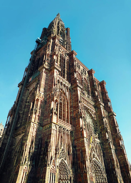 Wieża rzymskokatolickiej katedry Notre Dame w Strasburgu i - Zdjęcie, obraz