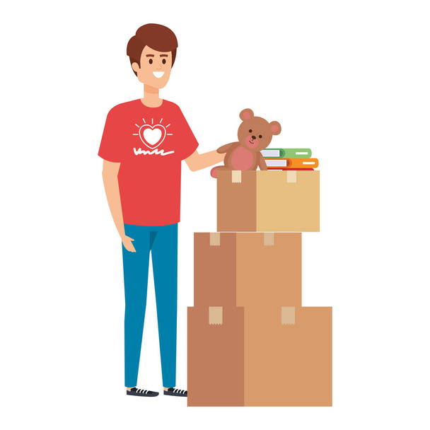 young man volunteer with donations boxes - Vector, Image