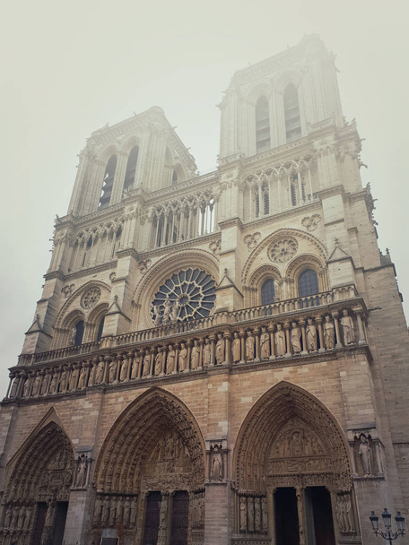 Fasáda katedrály Notre Dame ve mlžné ranní. - Fotografie, Obrázek