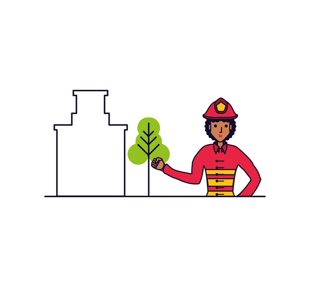 firefighter professional female with cityscape - Vector, Image