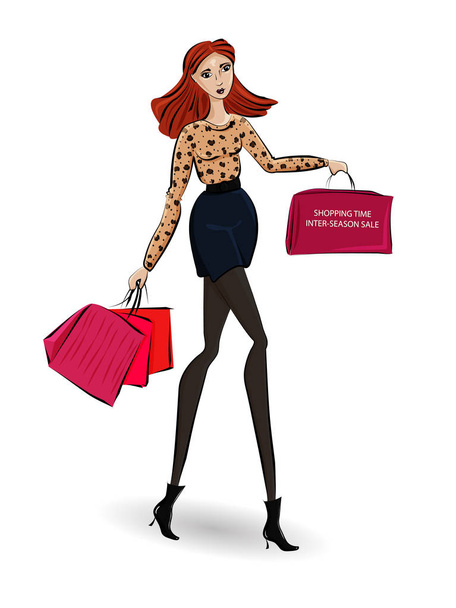 Fashionable Illustration of Woman with Shop Bags - Vector, Image