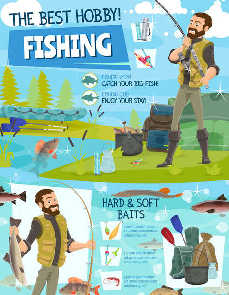 Pesca aventura, pescador peixe pegar equipamento
 - Vetor, Imagem