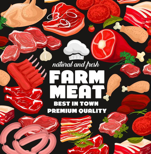 Farm meat products, butcher shop sausages - Vector, Image