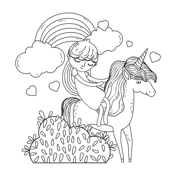 unicornio y princesa en el paisaje con arco iris
 - Vector, imagen