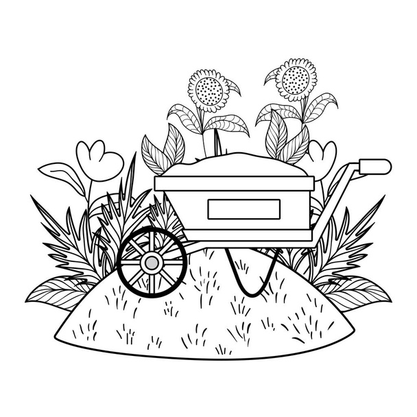 cute wheelbarrow gardening with flowers garden - Vector, Image