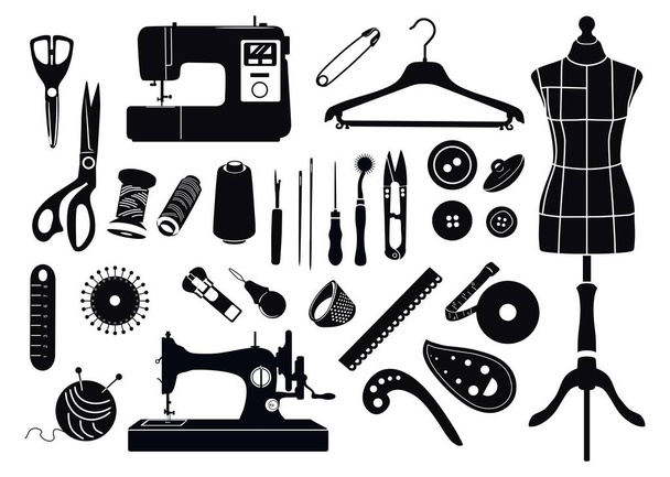 Set of silhouettes of items for sewing. Monochrome.Tailor. Vector - Vektor, Bild
