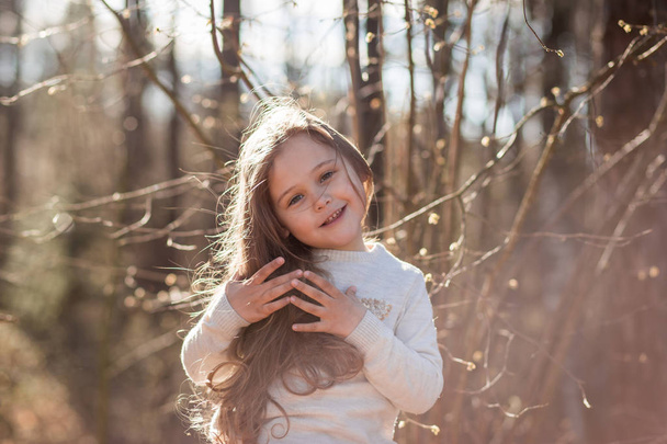 portrait of a beautiful little girl with long hair in the woods on nature - Φωτογραφία, εικόνα