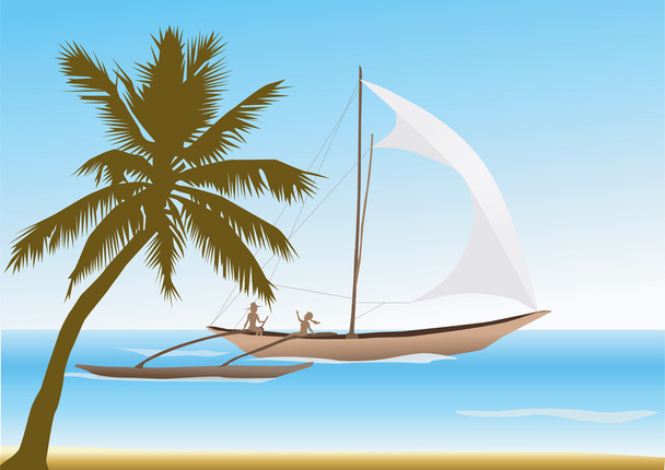 Катамаран плывет перед пальмовым пляжем
. - Вектор,изображение