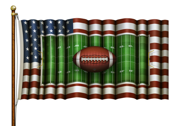 Campo de futebol americano - Composto de bandeira dos EUA com futebol em Fro
 - Foto, Imagem