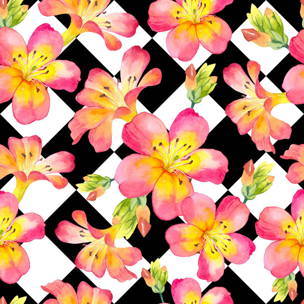 Seamless background with watercolor tropical flowers. Beautiful plants on black and white geometric pattern. - 写真・画像