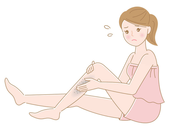 Młoda kobieta dotykająca ciemnych plam na nodze odizolowana na białym tle. piękna koncepcja pielęgnacji ciała - Wektor, obraz