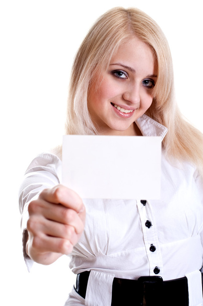 Young business woman with business card - 写真・画像