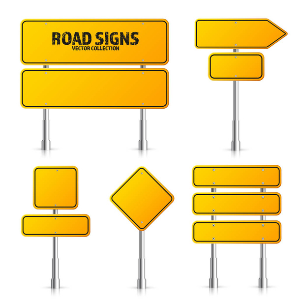 道路黄色の交通標識セット。テキストの場所を持つ空白のボード。モックアップ。分離された情報記号。方向。ベクトルイラスト. - ベクター画像