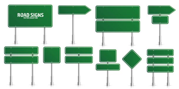 Road green traffic signs set. Blank board with place for text. Mockup. Isolated information sign. Direction. Vector illustration. - Vector, Image