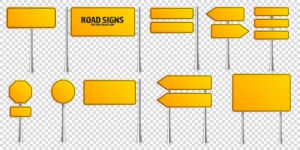 Road yellow traffic signs set. Blank board with place for text. Mockup. Isolated information sign. Direction. Vector illustration. - Vector, Image