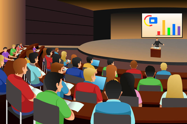 College students listening to the professor in the auditorium - Vector, Image