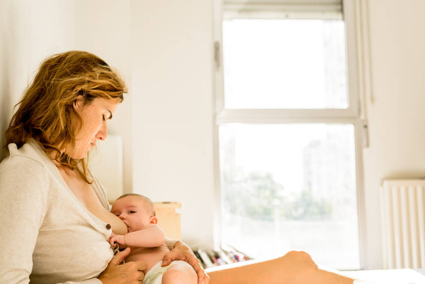 Bambino allattato al seno da sua madre a letto tranquillo al mattino, salute
 - Foto, immagini