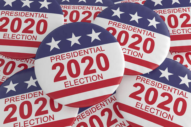 Куча кнопок президентских выборов 2020 года с флагом США, 3d иллюстрация
 - Фото, изображение