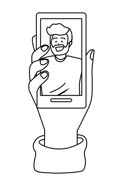 Рука тримає смартфон технології чорно-білого кольору
 - Вектор, зображення