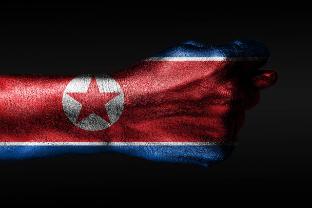 Ręka z pomalowaną flagą Korei Północnej pokazuje figę, znak agresji, brak zgody, spór na ciemnym tle. - Zdjęcie, obraz