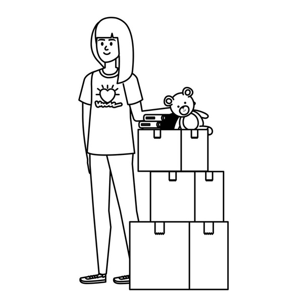 jeune femme bénévole avec des boîtes de dons
 - Vecteur, image