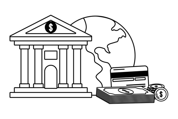 Currency money bill stack bank front black and white - Vector, Image