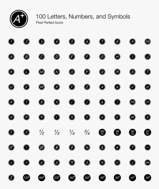 100 lettres, chiffres et symboles Pixel Perfect Icons (Filled Style). Icônes vectorielles de texte de base, alphabet et numérotation en cercle
.  - Vecteur, image
