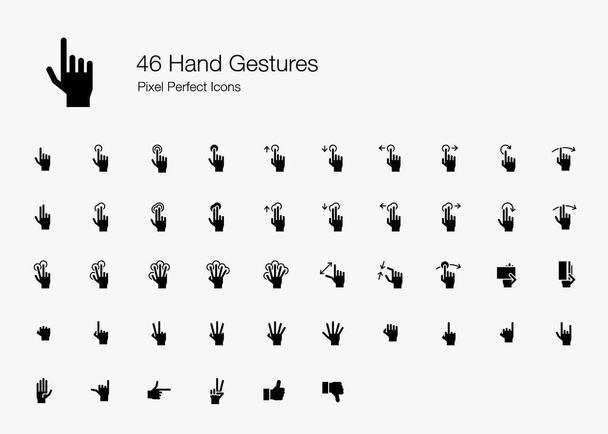 46 Gestos de Mano y Acciones de Dedo Pixel Iconos Perfectos (Estilo Relleno). Iconos vectoriales de la mano y el dedo que señalan, presionan, deslizan y sostienen al usar la pantalla táctil en el teléfono inteligente o el dispositivo de la tableta
.  - Vector, imagen