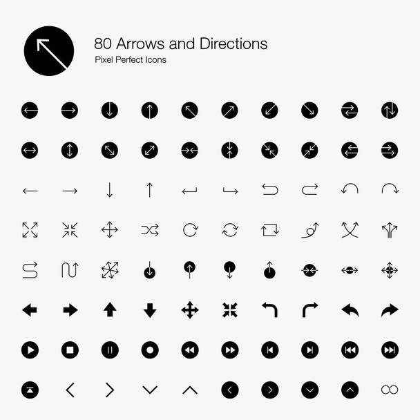 80 flèches et directions Pixel Perfect Icons (Style rempli). Icônes vectorielles ensemble de diverses flèches, directions et boutons
. - Vecteur, image