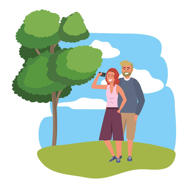 Millennial couple smartphone prenant selfie cadre arrière-plan
 - Vecteur, image