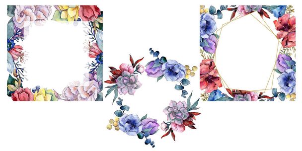Boeket bloemen botanische bloemen. Aquarel achtergrond afbeelding instellen. Frame grens ornament vierkant. - Foto, afbeelding