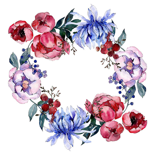 Bouquet floral botanical flowers. Watercolor background illustration set. Frame border ornament square. - Zdjęcie, obraz