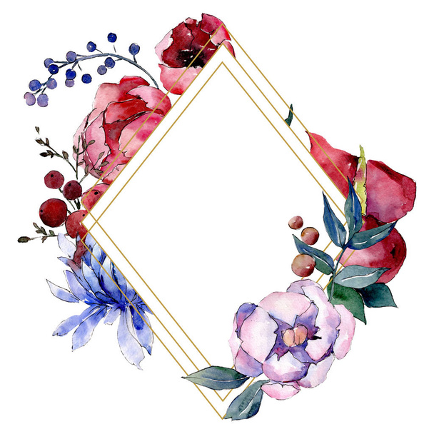 Buquê flores botânicas florais. Conjunto de ilustração de fundo aquarela. Quadro borda ornamento quadrado
. - Foto, Imagem